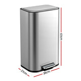 Cefito Kitchen Trash Can 40L Pedal Bins Rubbish Bin Steel with Soft Close Lid, Removable Inner Bucket, Rectangular Garbage Can Recycling Bin, Silver - Cefito