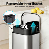 Cefito Kitchen Trash Can 40L Pedal Bins Rubbish Bin Steel with Soft Close Lid, Removable Inner Bucket, Rectangular Garbage Can Recycling Bin, Silver - Cefito