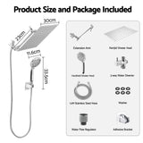 Cefito High-Pressure Rain Shower Head with Handheld, Gear-Lock Anti-Sag Arm for Family Spa, 12" Stainless Steel Rainfall & 9-Setting Wand Combo, 3-Way Diverter, Drill-Free Adhesive Bracket