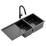 Cefito Stainless Steel Sink 100x45CM With Pull Out Mixer Tap Kitchen Basin Double Bowl Black - Cefito
