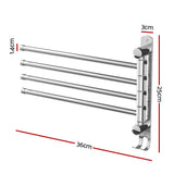 Towel Rail Rack Holder 4 Bars Wall Mounted Stainless Steel Swivel Hanging Hook - Cefito