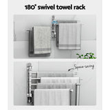 Towel Rail Rack Holder 4 Bars Wall Mounted Stainless Steel Swivel Hanging Hook - Cefito