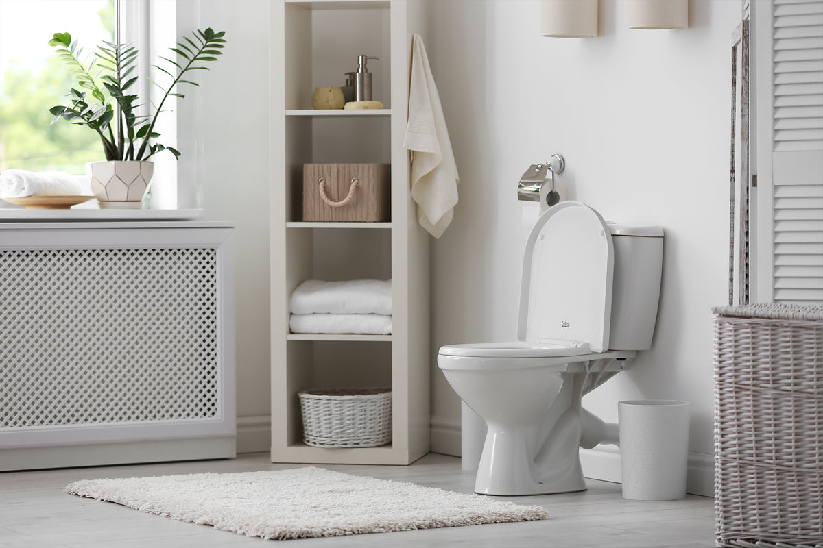 A white decorated bathroom with toilet, fitted with a Cefito bidet.