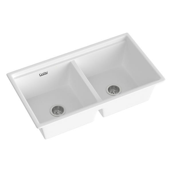 Cefito Kitchen Sink Stone Sink Granite Laundry Basin Double Bowl 79cmx46cm White - Cefito