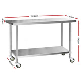 Cefito 304 Stainless Steel Kitchen Benches Work Bench Food Prep Table with Castor Wheels 1524mm x 610mm