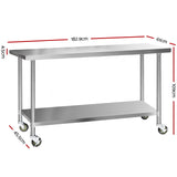 Cefito 304 Stainless Steel Kitchen Benches Work Bench Food Prep Table with Castor Wheels 1829mm x 610mm