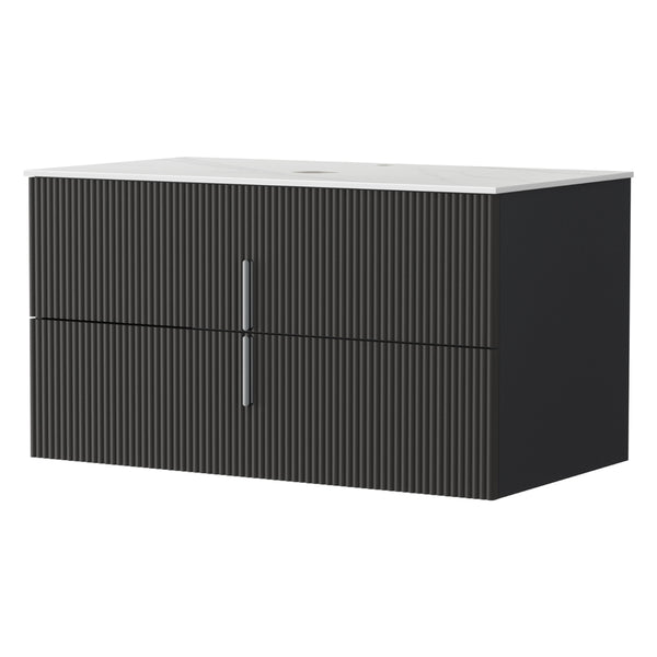 Cefito Vanity Unit 900mm Bathroom Cabinet Storage Wall Hung Black Timber Front - Cefito