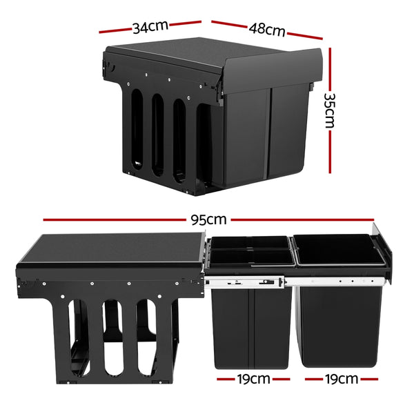 Cefito Pull Out Bin Kitchen Triple Slide Garbage Rubbish Bins Basket Blcak 31L - Cefito
