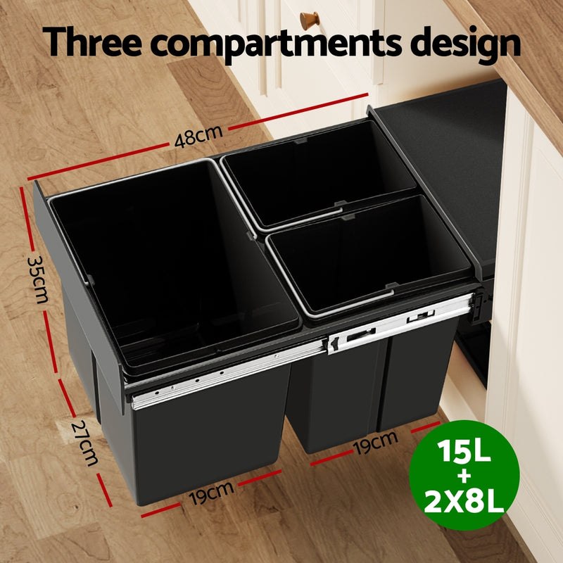 Cefito Pull Out Bin Kitchen Triple Slide Garbage Rubbish Bins Basket Blcak 31L - Cefito