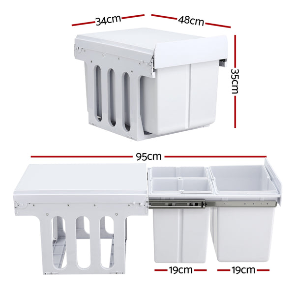 Cefito Pull Out Bin Kitchen Triple Slide Garbage Rubbish Bins Basket White 31L - Cefito