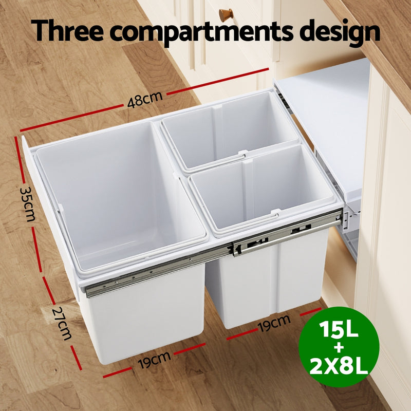 Cefito Pull Out Bin Kitchen Triple Slide Garbage Rubbish Bins Basket White 31L - Cefito