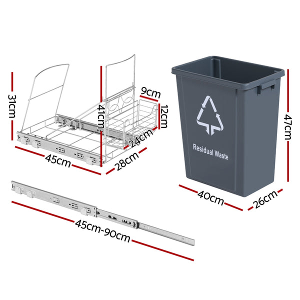 Cefito Pull Out Bin Kitchen Cabinet Slide Garbage Rubbish Bins Basket 40L Grey - Cefito