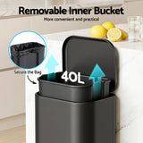 Cefito Kitchen Trash Can 40L Pedal Bins Rubbish Bin Steel with Soft Close Lid, Removable Inner Bucket, Rectangular Garbage Can Recycling Bin, Black - Cefito