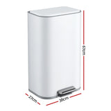 Cefito Kitchen Trash Can 40L Pedal Bins Rubbish Bin Steel with Soft Close Lid, Removable Inner Bucket, Rectangular Garbage Can Recycling Bin, White - Cefito