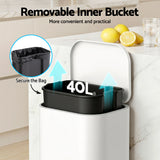 Cefito Kitchen Trash Can 40L Pedal Bins Rubbish Bin Steel with Soft Close Lid, Removable Inner Bucket, Rectangular Garbage Can Recycling Bin, White - Cefito