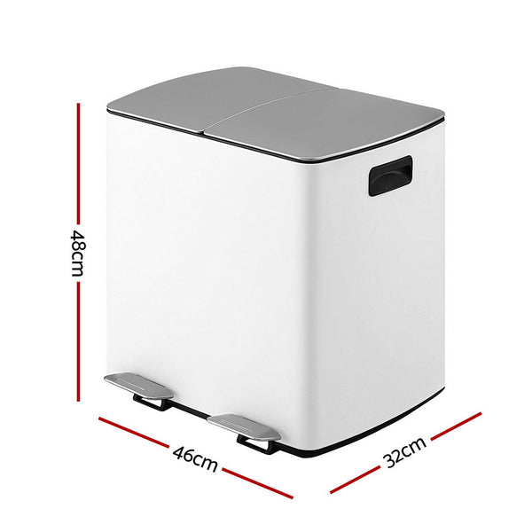 Cefito Pedal Bins Rubbish Bin Dual Compartment Waste Recycle Dustbins White 40L - Cefito