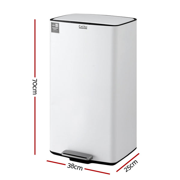Cefito Pedal Bins Rubbish Bin Waste Recycle Dustbins Kitchen Trash Can 40L White - Cefito