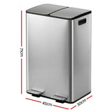 Cefito Pedal Bins Rubbish Bin Dual Compartment Waste Recycle Dustbins 60L Silver - Cefito