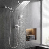 Cefito High-Pressure Rain Shower Head with Handheld, Gear-Lock Anti-Sag Arm for Family Spa, 12" Stainless Steel Rainfall & 9-Setting Wand Combo, 3-Way Diverter, Drill-Free Adhesive Bracket