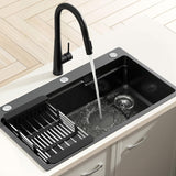 Cefito Stainless Steel Sink 75x45CM With Pull Out Mixer Tap Kitchen Basin Single Bowl Black - Cefito