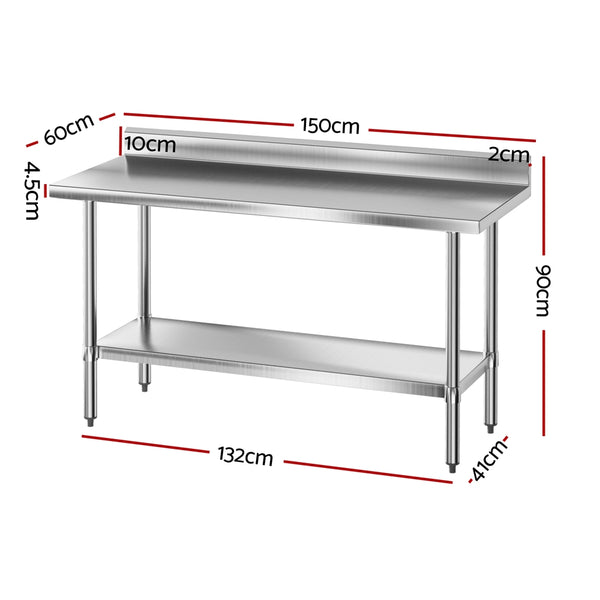Cefito Stainless Steel  Kitchen  Bench w/ Splashback 1500x600MM 430 - Cefito