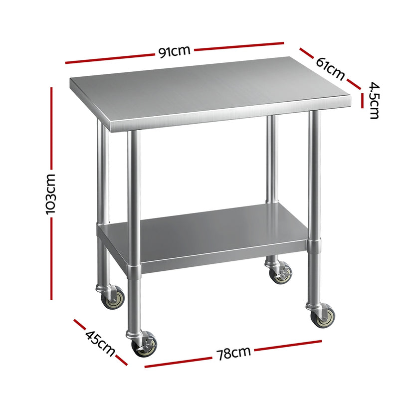 Cefito Stainless Steel Kitchen Benches Work Bench Wheels 91X61CM 432