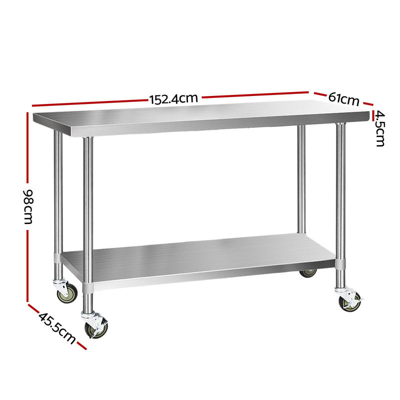 Cefito 1524x610mm Stainless Steel Kitchen Bench with Wheels 431
