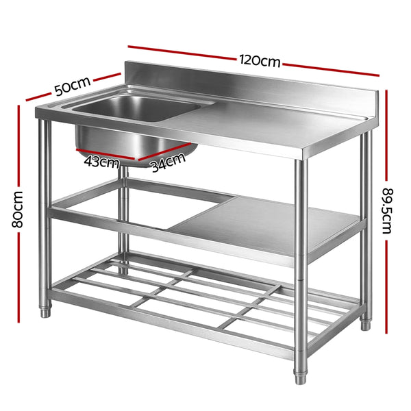 Cefito Stainless Steel Kitchen Bench Work Table with Sink Splashback 120cm - Cefito
