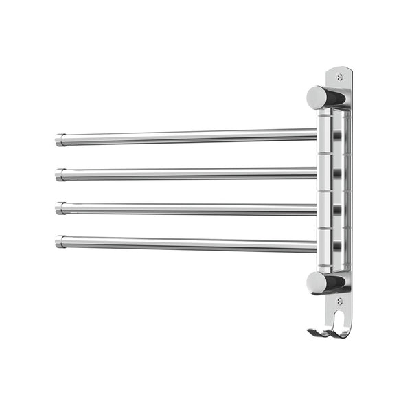 Towel Rail Rack Holder 4 Bars Wall Mounted Stainless Steel Swivel Hanging Hook - Cefito