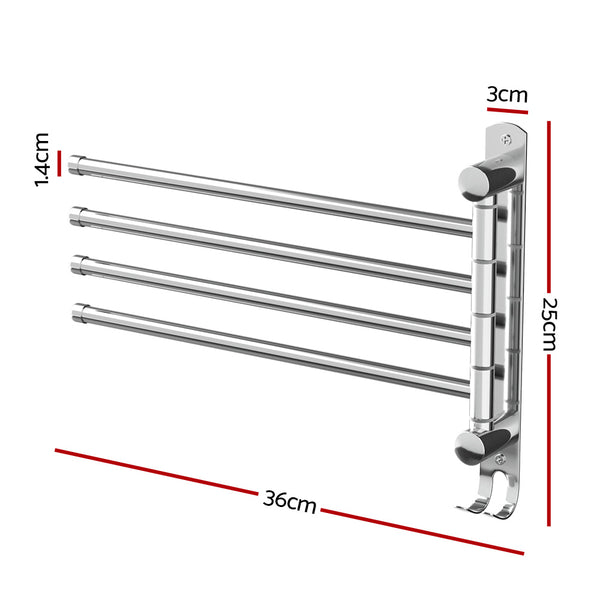 Towel Rail Rack Holder 4 Bars Wall Mounted Stainless Steel Swivel Hanging Hook - Cefito