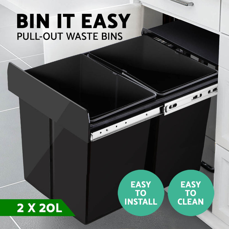 Cefito 2 x 20L Pull Out Bin Black