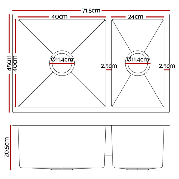 Cefito 71cm x 45cm Stainless Steel Kitchen Sink Under/Top/Flush Mount Silver - Cefito