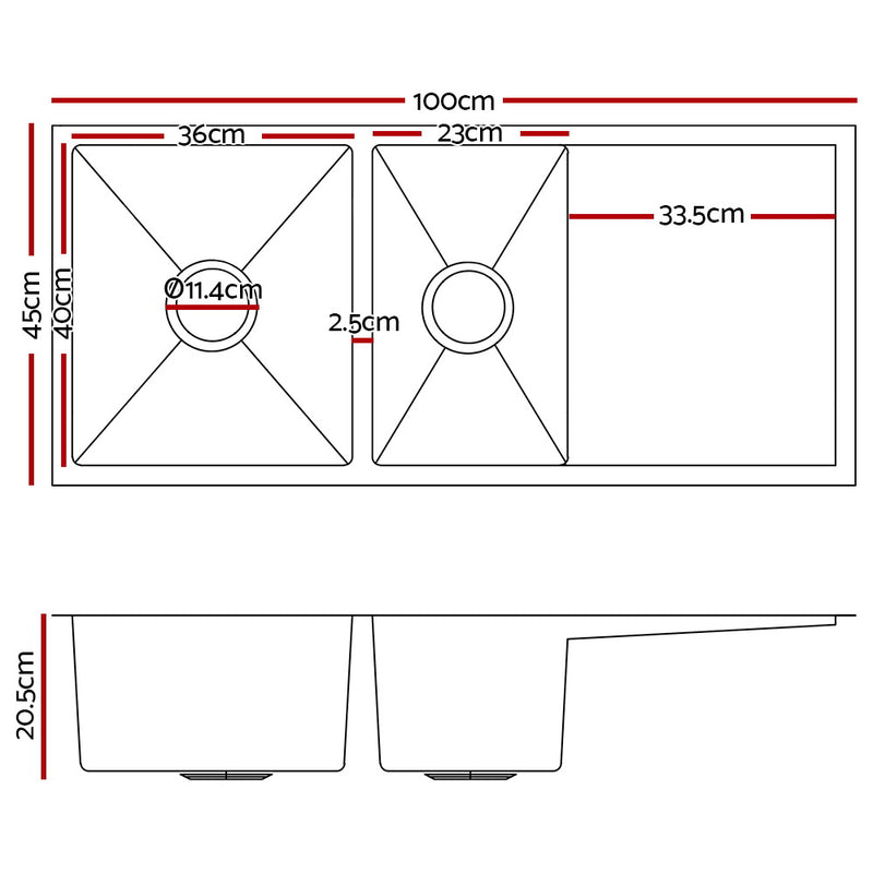 Cefito 100cm x 45cm Stainless Steel Kitchen Sink Under/Top/Flush Mount Black - Cefito