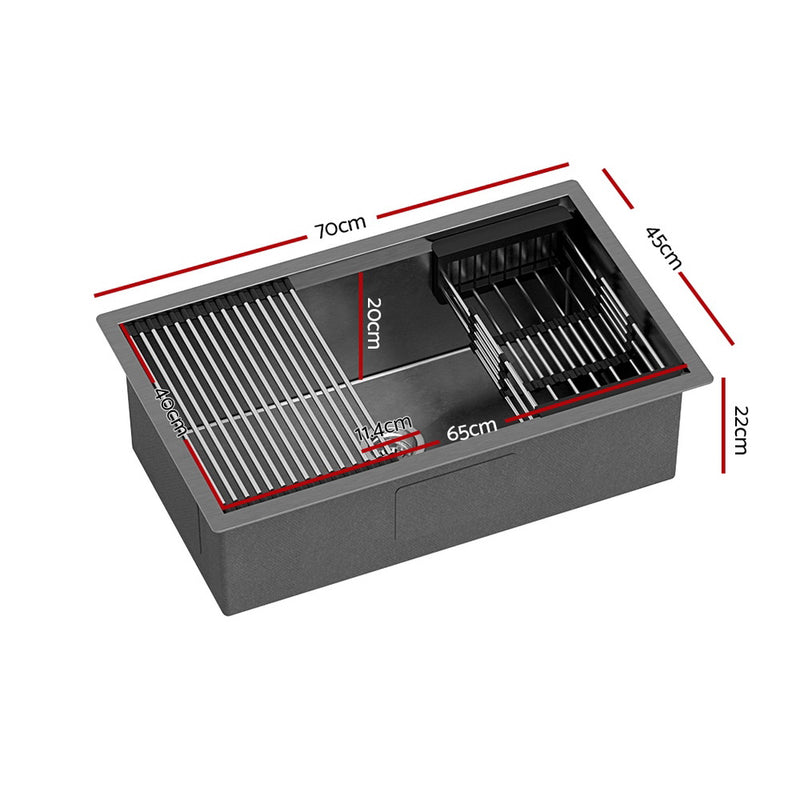 Cefito Kitchen Sink 70X45CM Stainless Steel Single Bowl Drain Rack Basket Black - Cefito