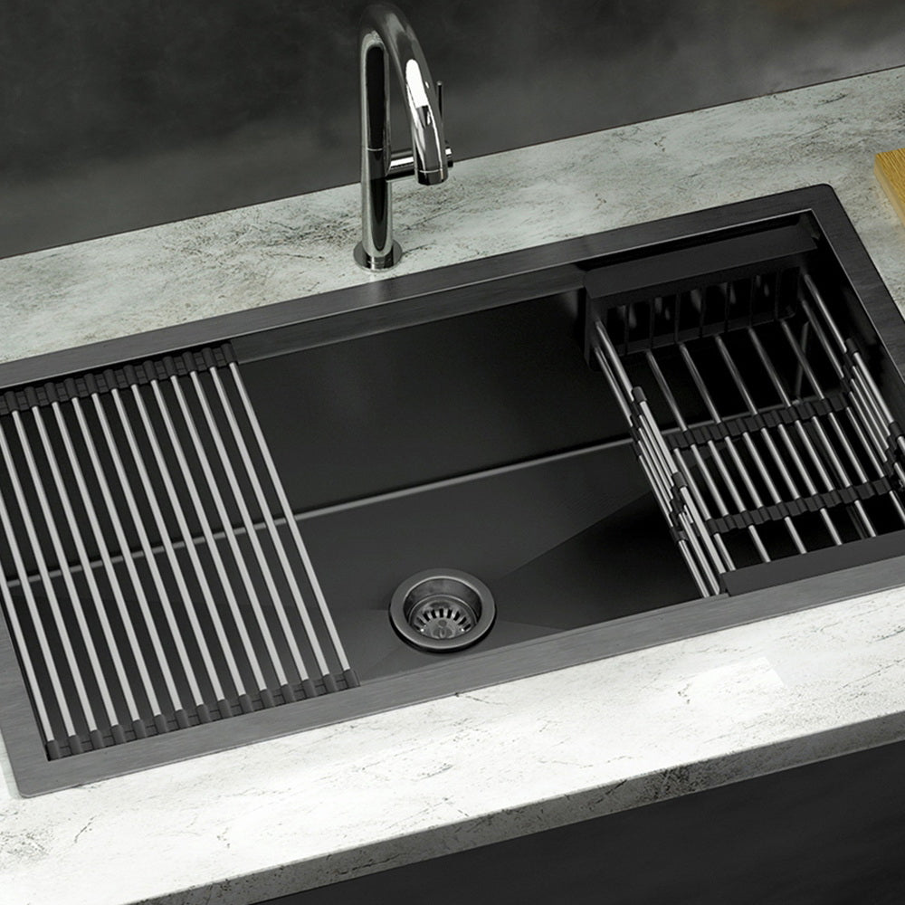 Cefito Kitchen Sink 81X45CM Stainless Steel Single Bowl Drain Rack Basket  Black