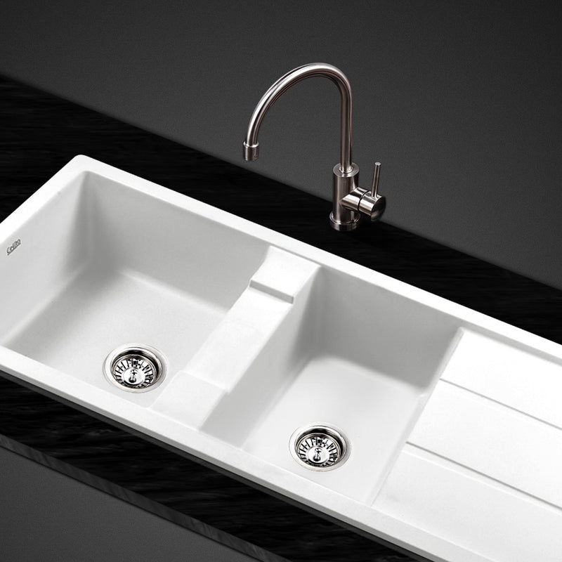 Cefito Kitchen Sink Granite Stone Top or Undermount Double White 1160mm x 500mm