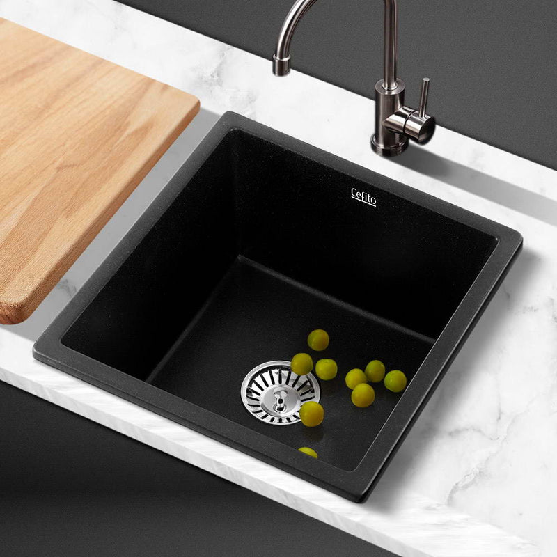 Cefito Kitchen Sink Stone Granite Laundry Top/Undermount Singe Black 450mm x 450mm