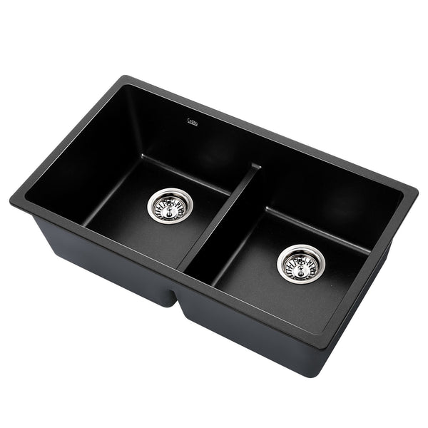 Cefito Stone Granite Kitchen Sink Double Bowl Top Under Mount 790mm x 460mm Black