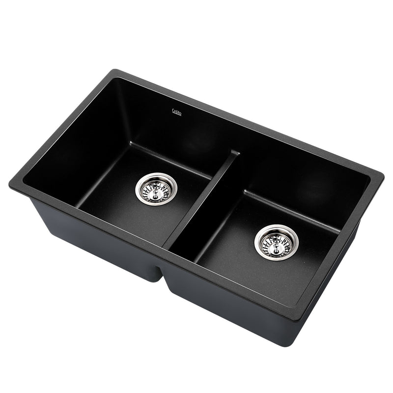 Cefito Stone Granite Kitchen Sink Double Bowl Top Under Mount 790mm x 460mm Black