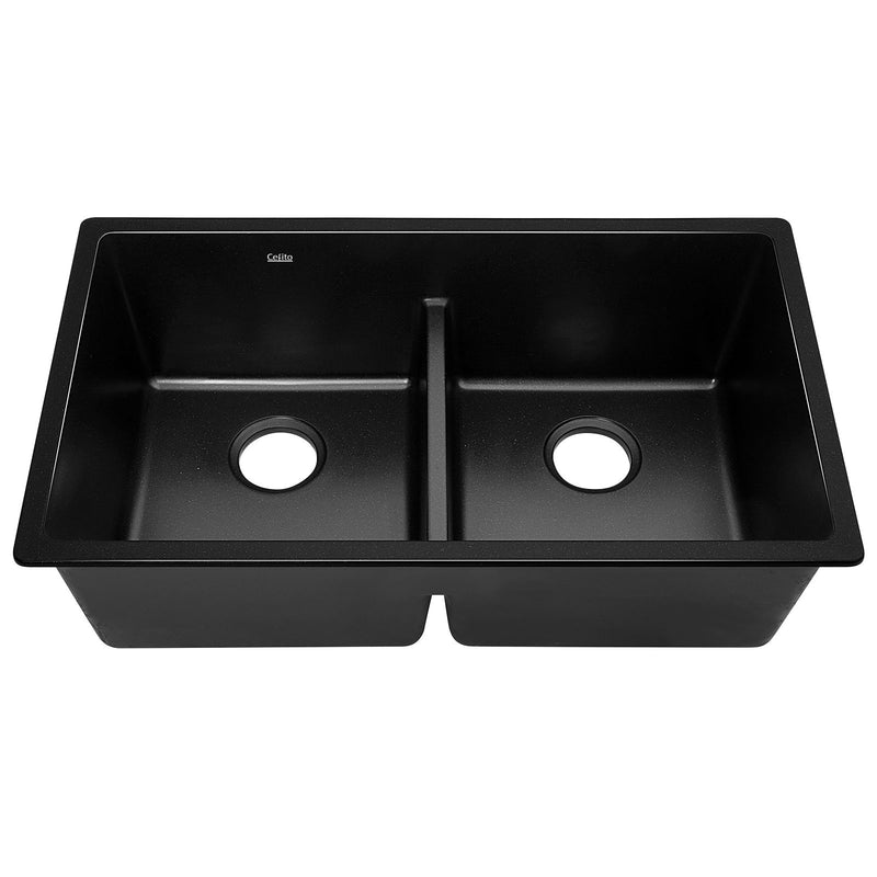 Cefito Stone Granite Kitchen Sink Double Bowl Top Under Mount 790mm x 460mm Black
