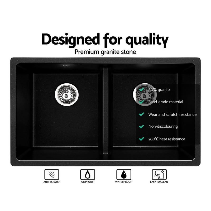 Cefito Stone Granite Kitchen Sink Double Bowl Top Under Mount 790mm x 460mm Black