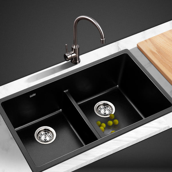 Cefito Stone Granite Kitchen Sink Double Bowl Top Under Mount 790mm x 460mm Black