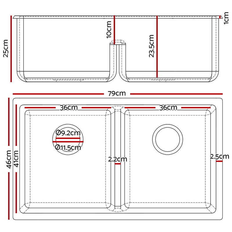Cefito Kitchen Sink Granite Stone Laundry Top or Undermount Double White 790mm x 460mm