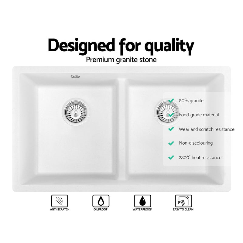 Cefito Kitchen Sink Granite Stone Laundry Top or Undermount Double White 790mm x 460mm