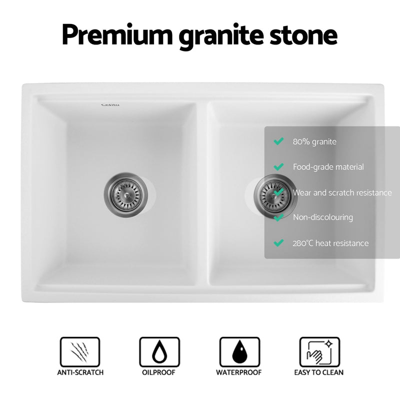 Cefito Kitchen Sink Stone Sink Granite Laundry Basin Double Bowl 79cmx46cm White - Cefito