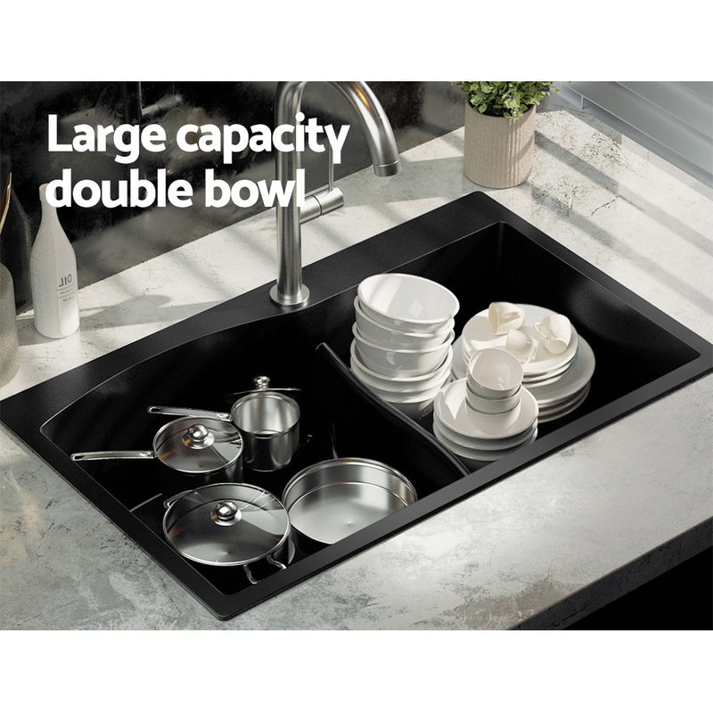Cefito Kitchen Sink 76X47CM Granite Stone Basin Double Bowl Laundry Black - Cefito