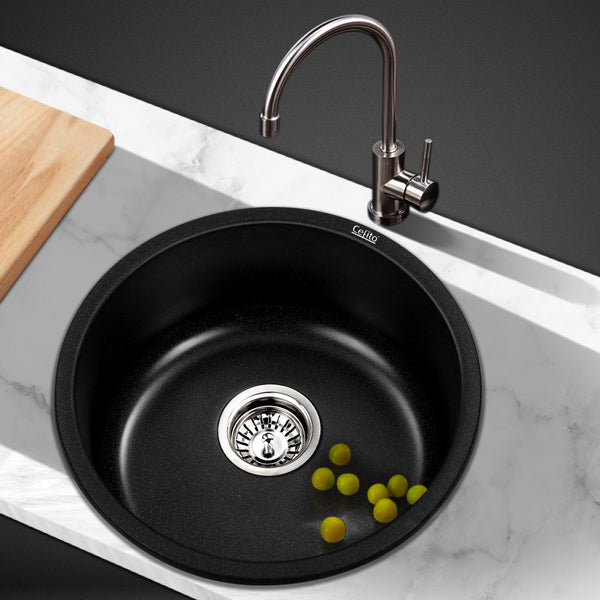 Cefito Granite Stone Kitchen Laundry Sink Bowl Top or Under Mount Round 430mm x 200mm Black
