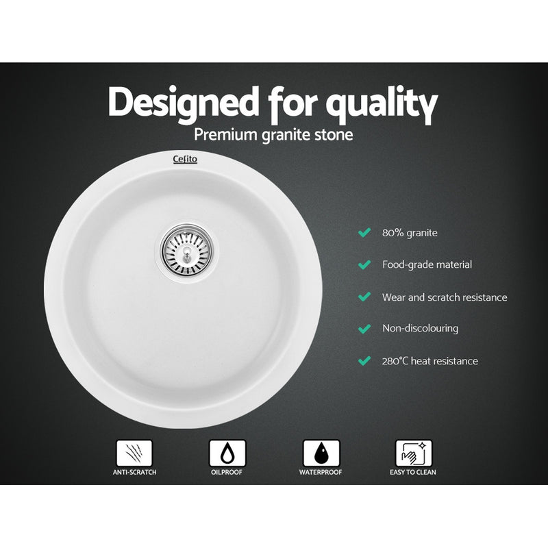 Cefito Stone Kitchen Sink Round 430mm Granite Under/Top Mount Basin Bowl Laundry White