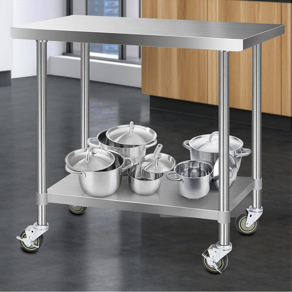 Cefito 304 Stainless Steel Kitchen Benches Work Bench Food Prep Table with Castor Wheels 1219mm x 610mm