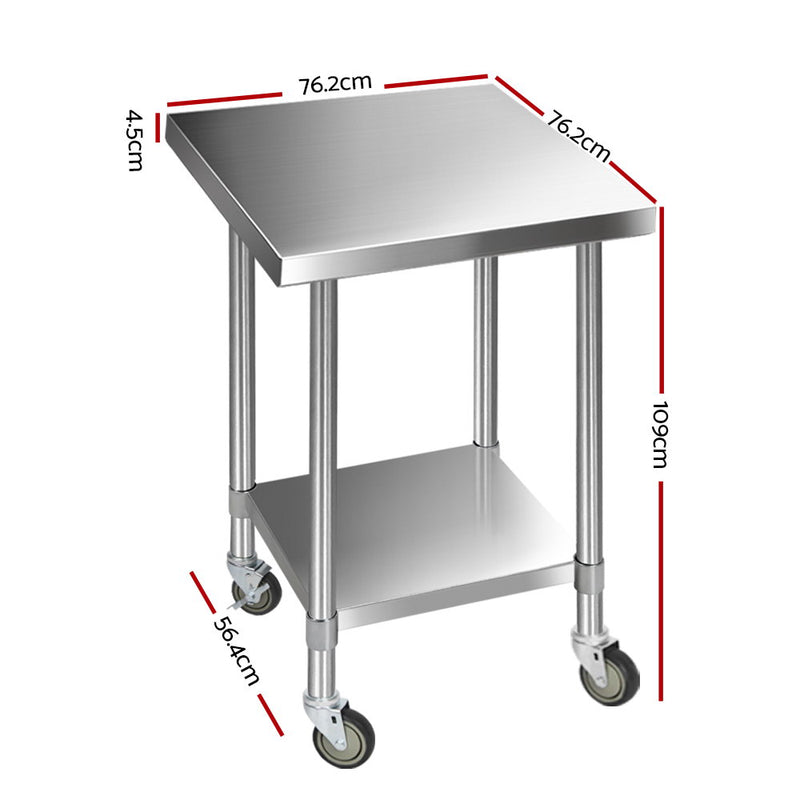 Cefito 762mm x 762mm Commercial Stainless Steel Kitchen Bench with Castor Wheels